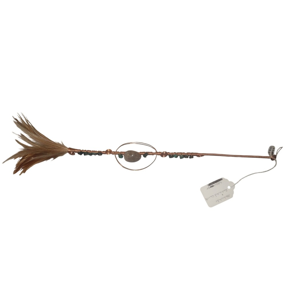 Malachite Rutilated Quartz Copper Wire Wrapped Feather Hair Pin Wand 14.5 Inch